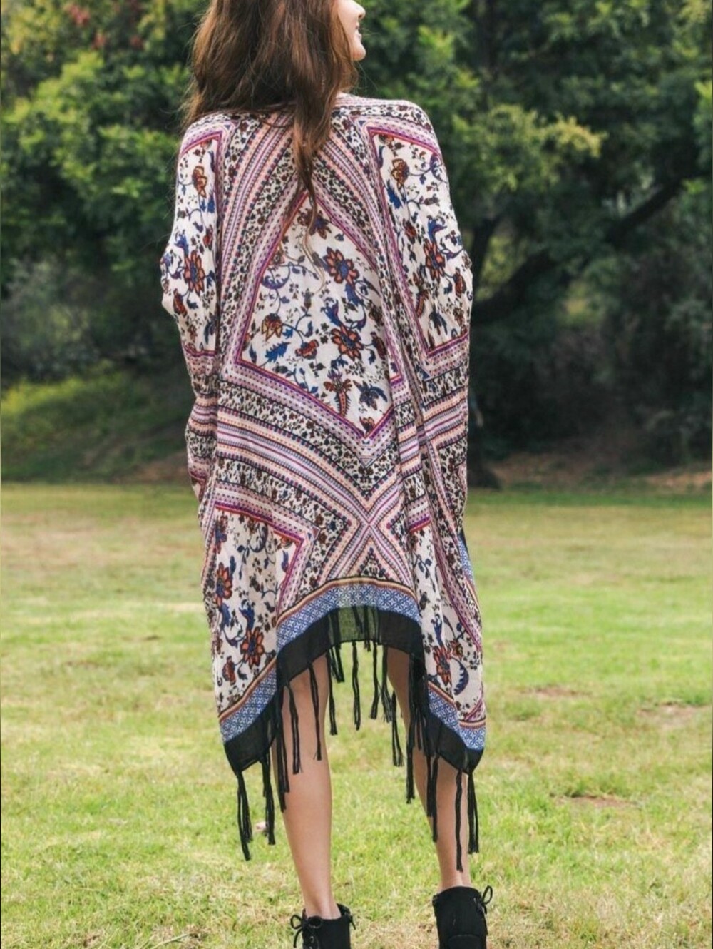 Boutique Cream, Pink & Navy Boho Fringe Kimono Cardigan One Size